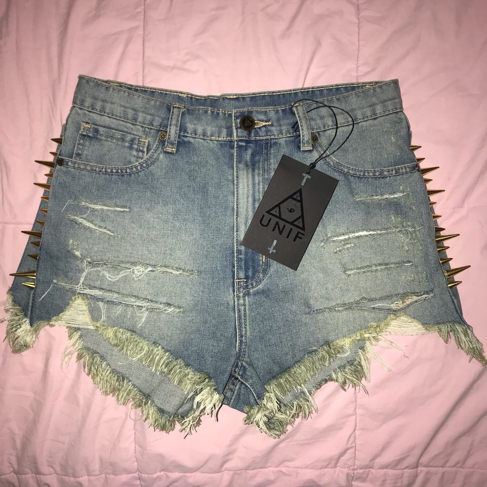 UNIF Clothing Back Off Gold Spiked Denim Shorts 29
